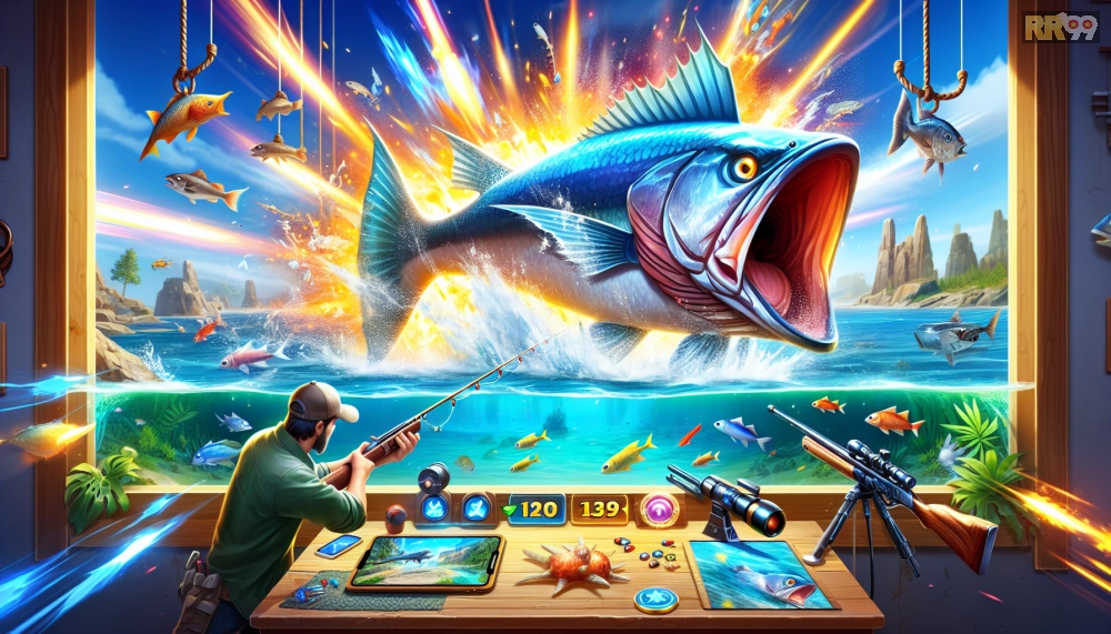 Hình ảnh gameplay bắn cá thần tài với hiệu ứng nổ tung cá lớn trên rr99