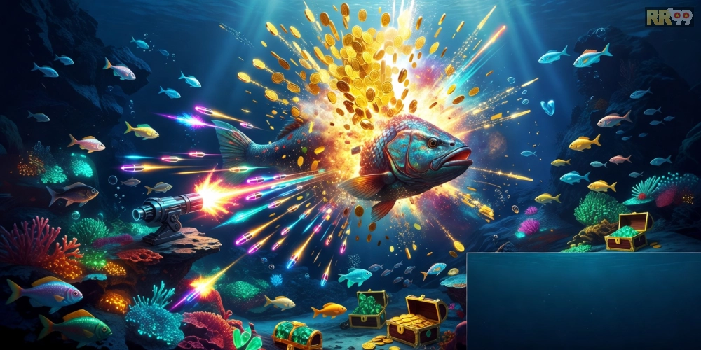 Hình ảnh gameplay bắn cá đại dương rr99 với boss cá lớn và hiệu ứng nổ thưởng