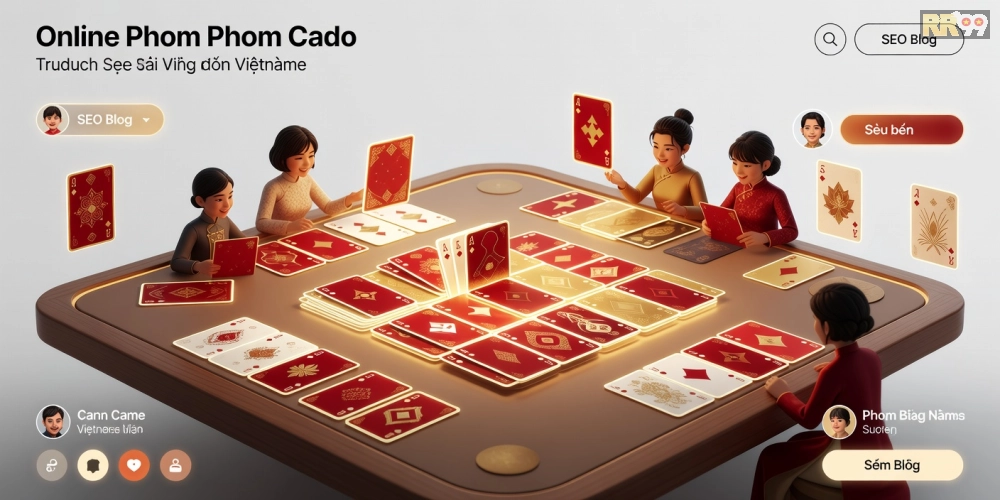 Minh họa giao diện chơi Phỏm trên nền tảng rr99 với đồ họa sắc nét và tính năng chat nhóm