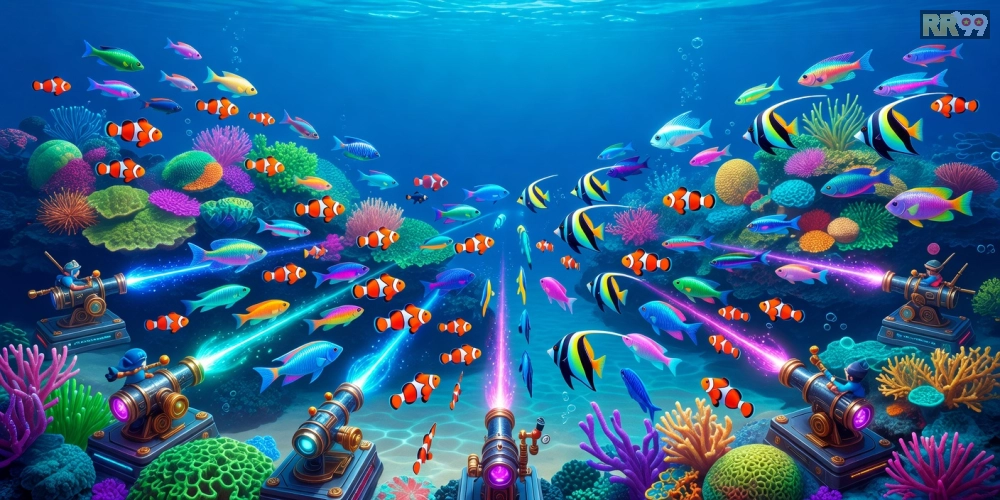 Minh họa khái niệm game bắn cá rr99 với giao diện sống động và cá đa dạng