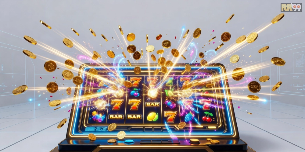 Hình minh họa khái niệm game nổ hũ rr99 với biểu tượng jackpot hấp dẫn và giao diện hiện đại.