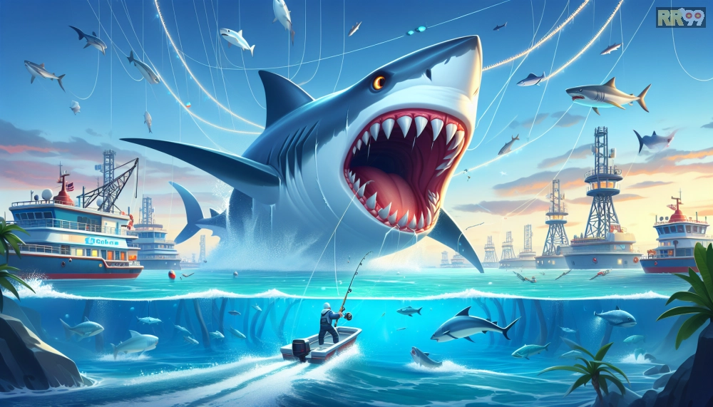 Ảnh minh họa gameplay Bắn Cá Đại Dương RR99 với boss cá mập khổng lồ