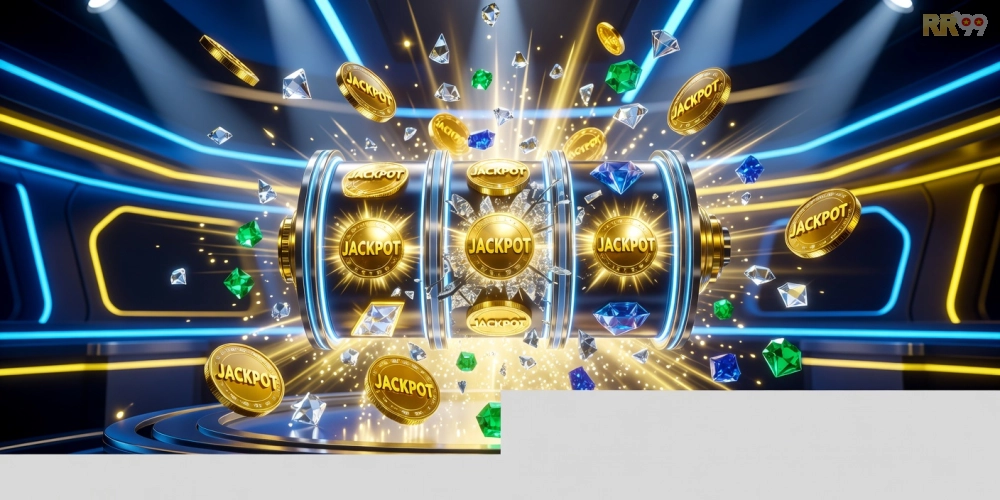 Hình ảnh jackpot nổ hũ trên nền tảng rr99 với hiệu ứng ánh sáng rực rỡ và phần thưởng lớn