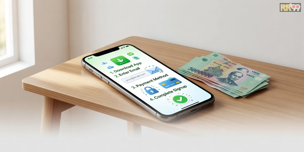 Hình hướng dẫn đăng ký và chơi game nổ hũ rr99 từng bước đơn giản cho người mới.