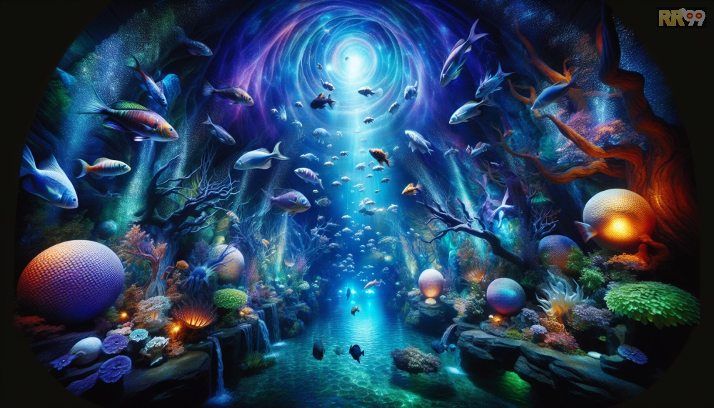 Hình ảnh Thủy Cung Huyền Bí rr99 với hiệu ứng ánh sáng dưới nước