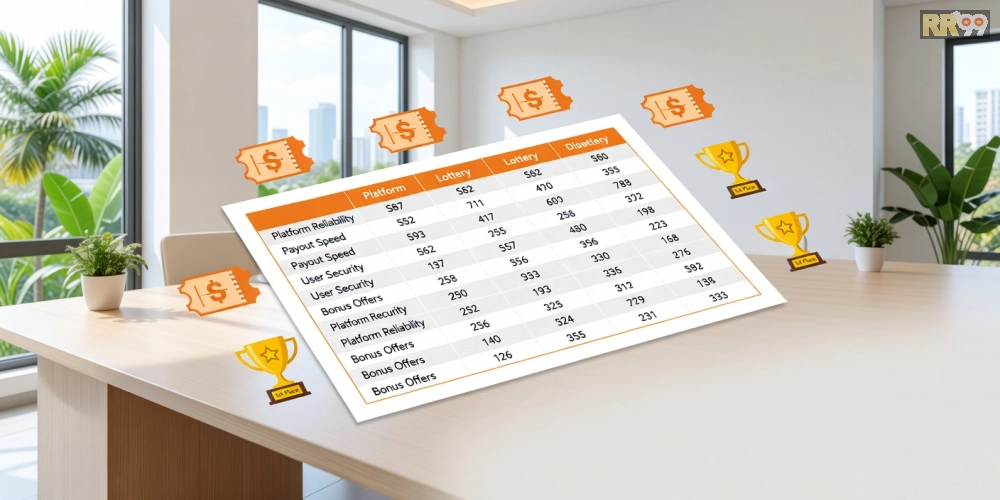 Minh họa top nền tảng xổ số minh ngọc rr99 uy tín với biểu đồ so sánh và người chơi hài lòng